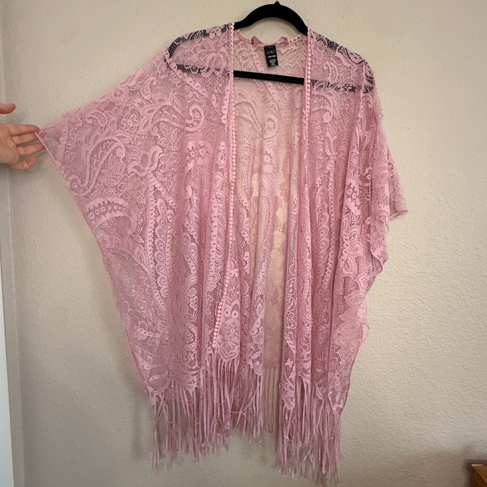 Womens Boho Fairy One Size Pink Sheer Lace Fringe Kimono Romantic Swim Layer